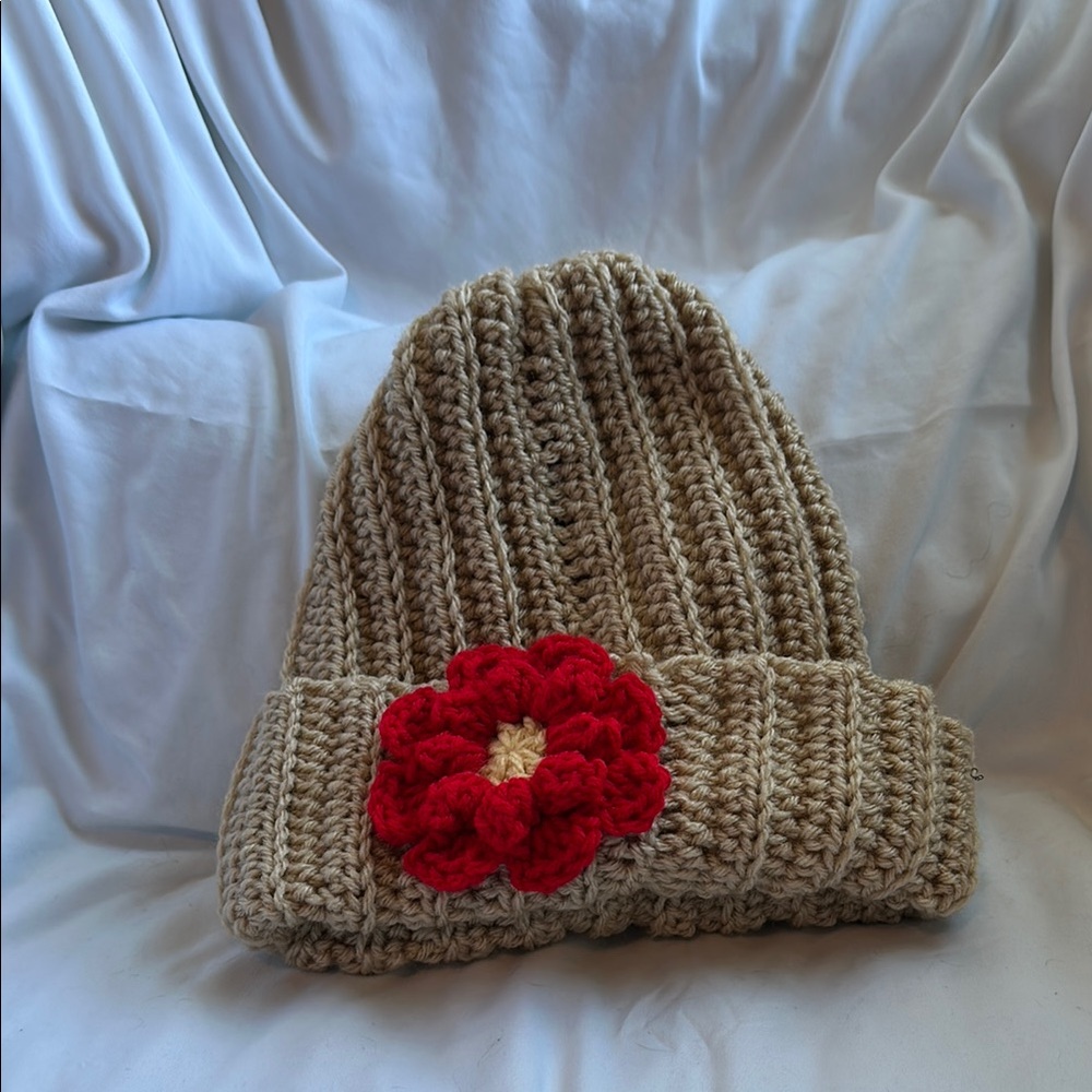 Beige Knit Beanie with Red Flower Accent
